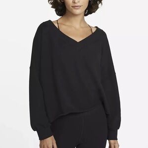 Nike Yoga Black Luxe Fleece Long Sleeve V-Neck Pullover Sweatshirt Top